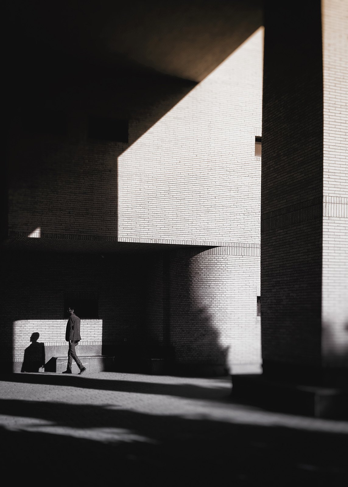 Minimalist street photography of a lone figure walking past a high-contrast shadow on a textured brick wall.