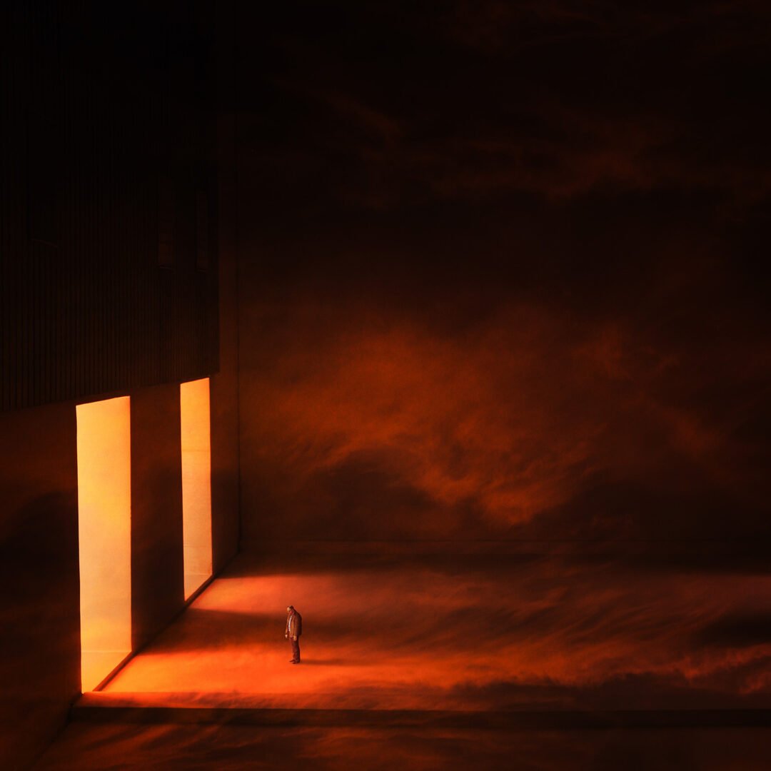 Minimalist fine art photography from the 'Comatose' collection, exploring consciousness through solitary silhouettes, stark shadows, and blinding geometric light.