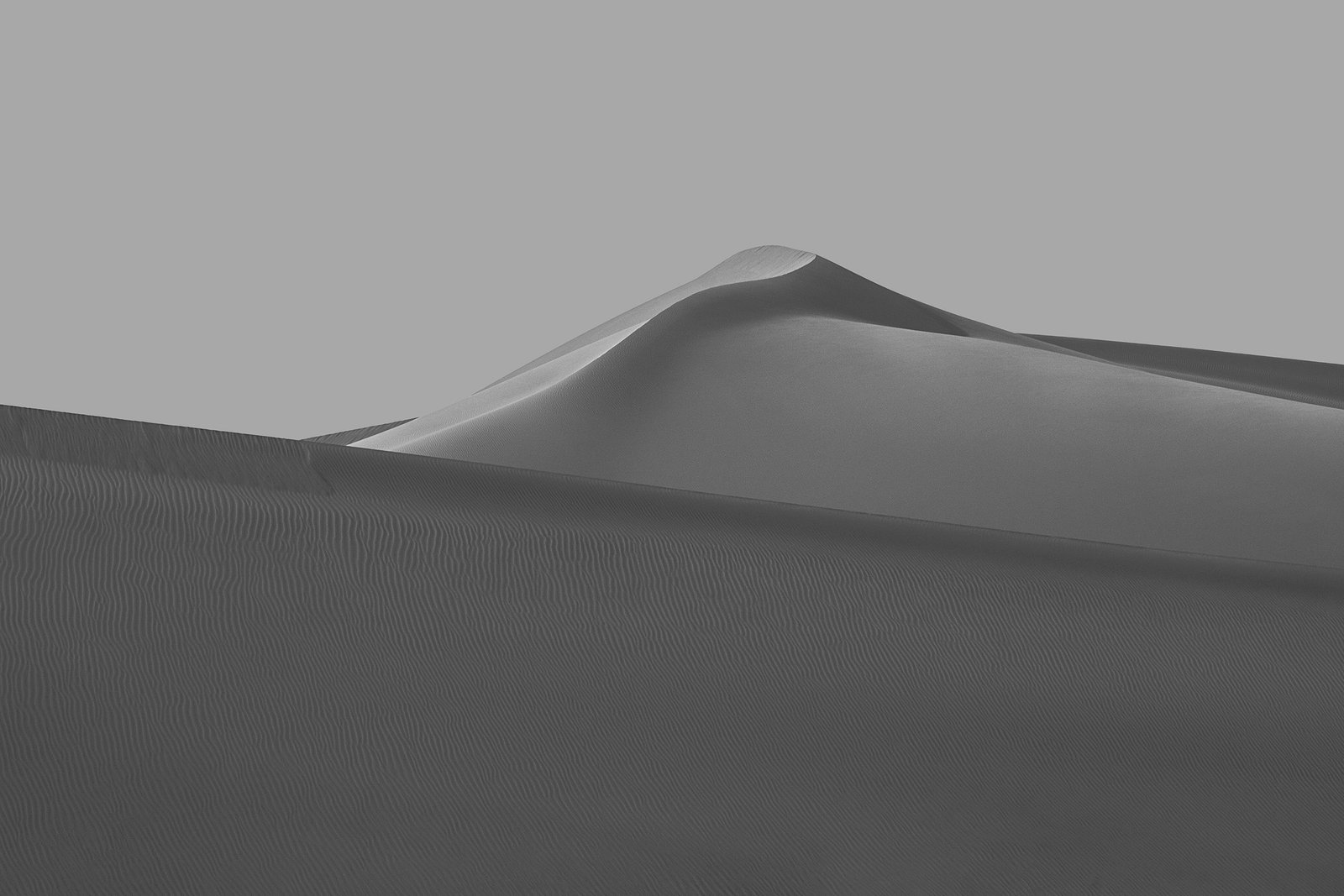 Minimalist photograph of desert sand dunes with soft light, abstract curves, and subtle textures creating a quiet atmospheric composition.