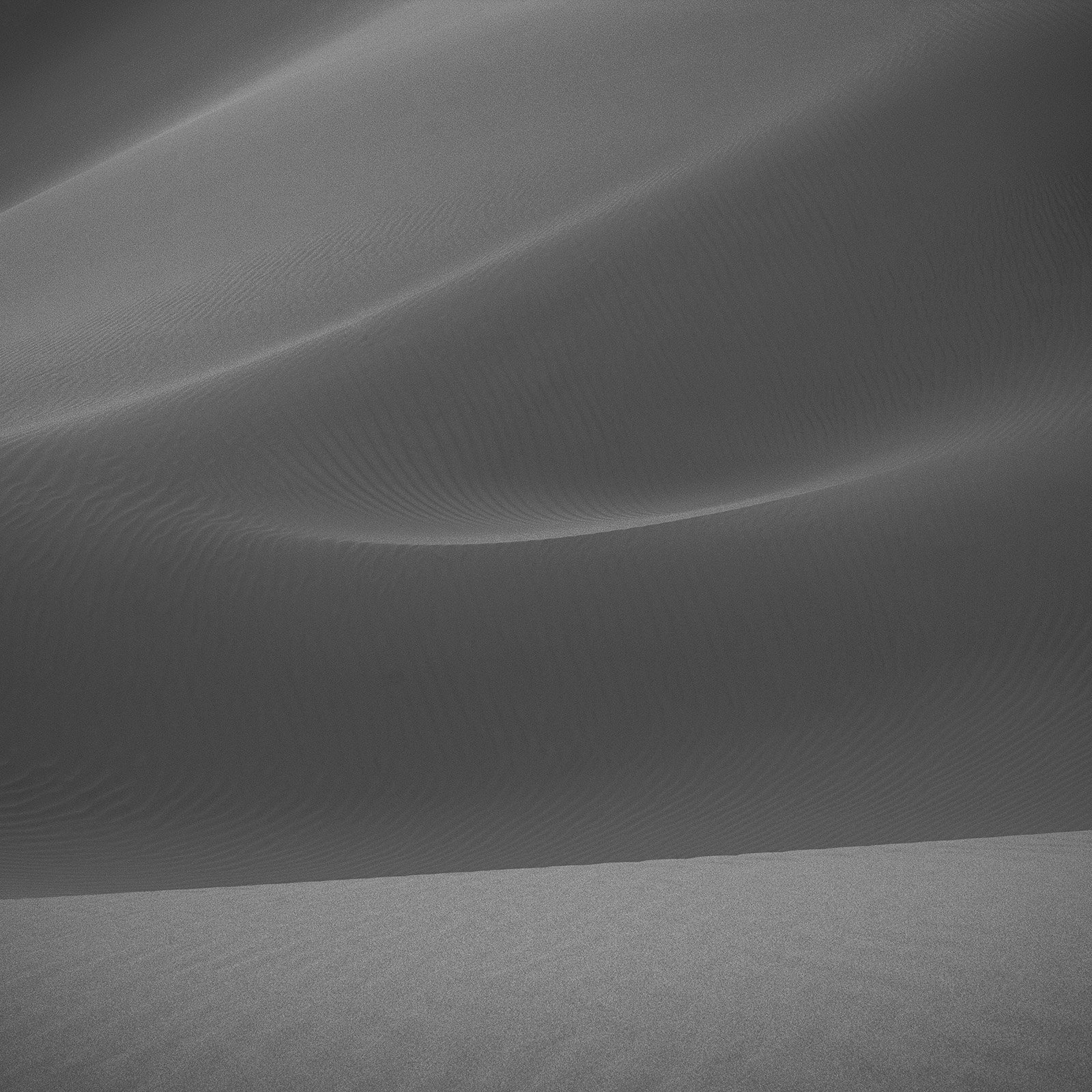 Minimalist photograph of desert sand dunes with soft light, abstract curves, and subtle textures creating a quiet atmospheric composition.