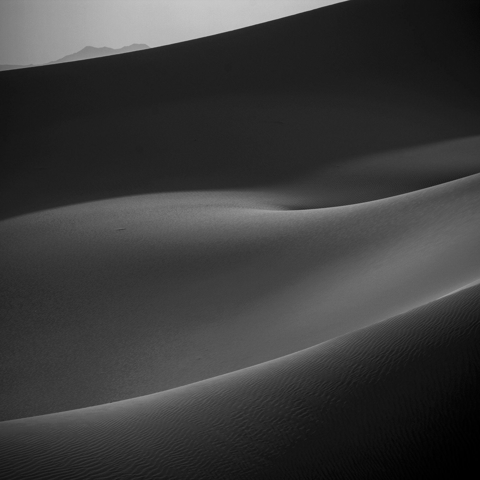 Minimalist photograph of desert sand dunes with soft light, abstract curves, and subtle textures creating a quiet atmospheric composition.