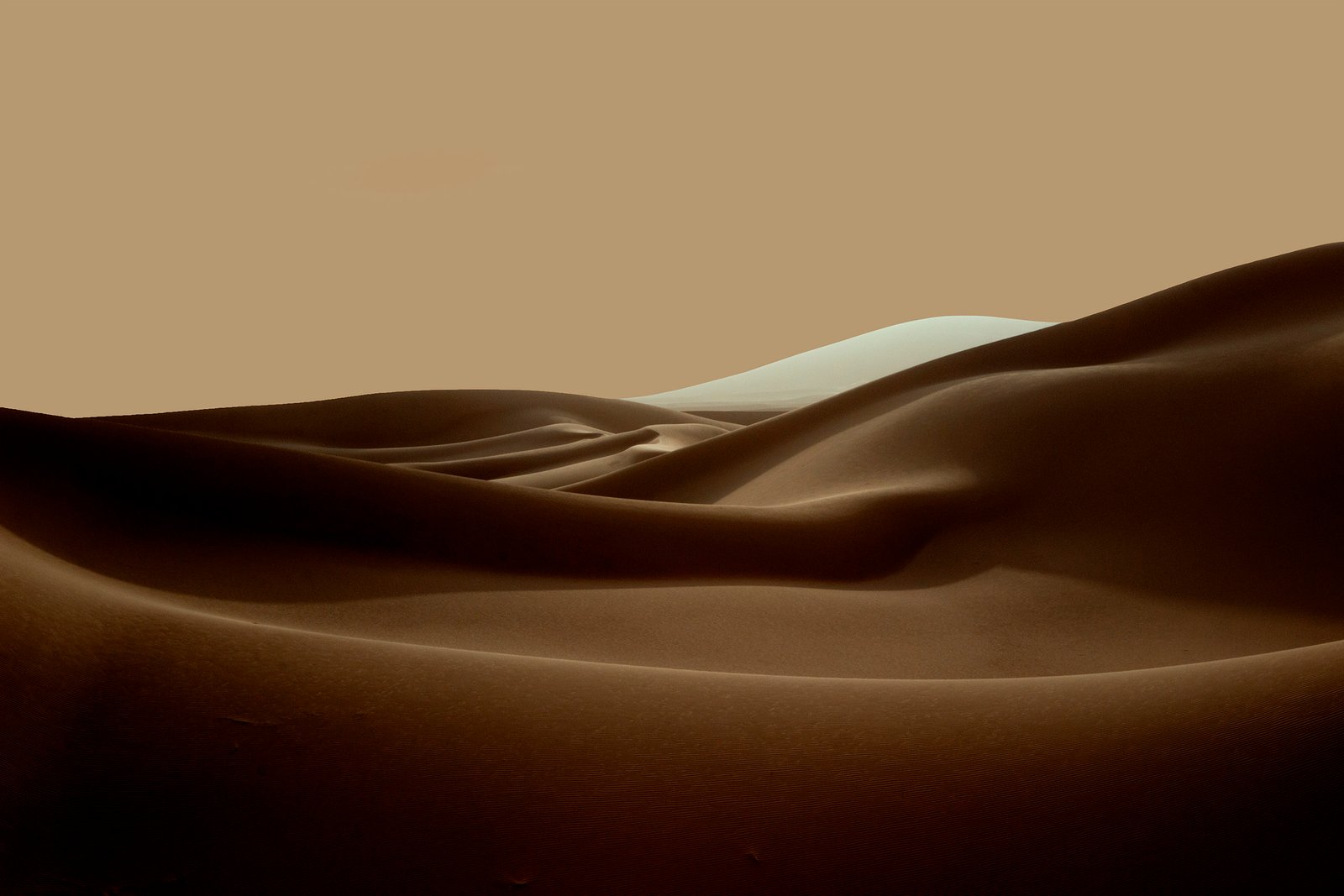 Minimalist photograph of desert sand dunes with soft light, abstract curves, and subtle textures creating a quiet atmospheric composition.