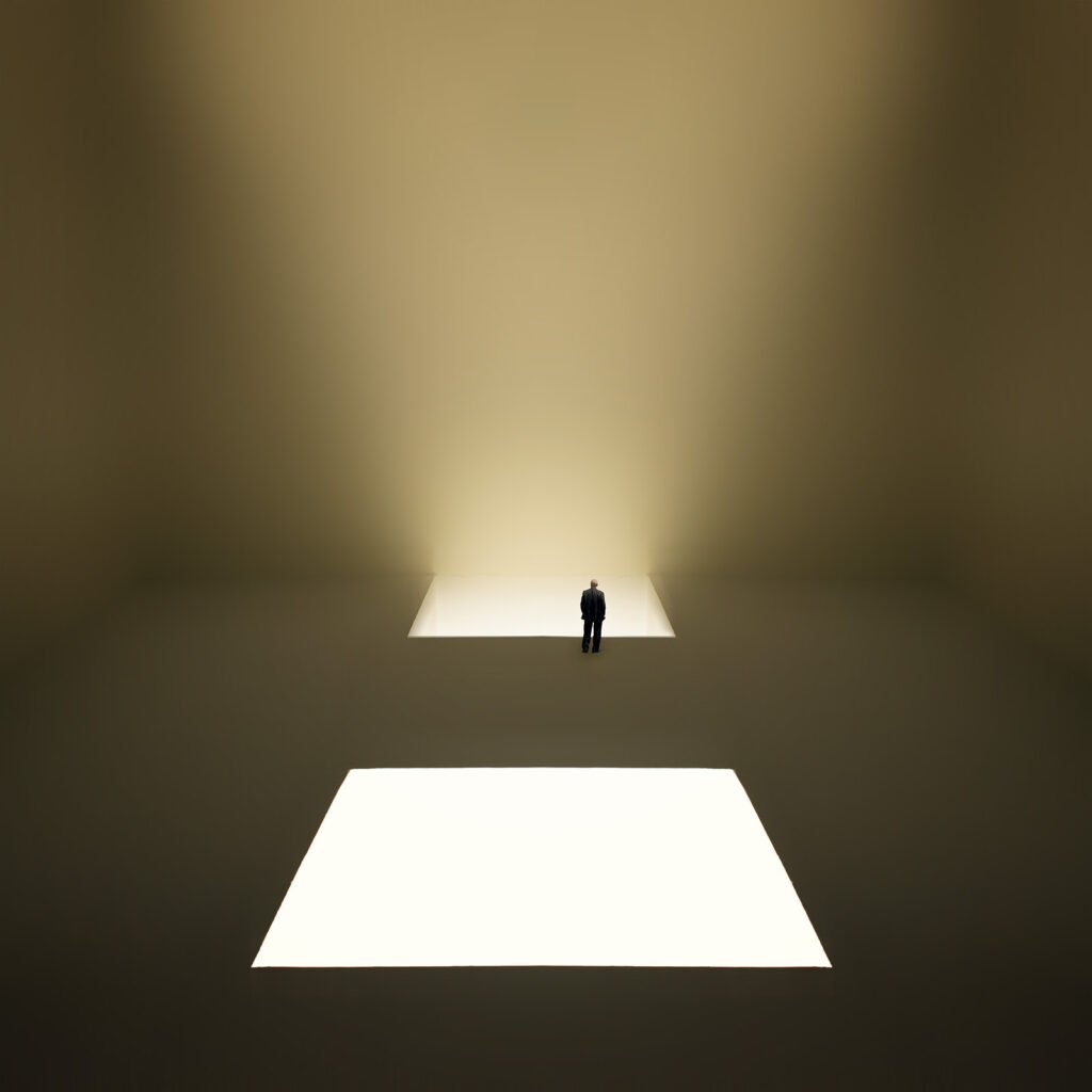 Minimalist fine art photography from the 'Comatose' collection, exploring consciousness through solitary silhouettes, stark shadows, and blinding geometric light.
