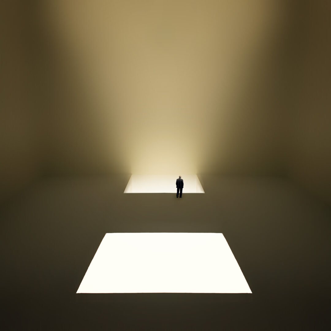 Minimalist fine art photography from the 'Comatose' collection, exploring consciousness through solitary silhouettes, stark shadows, and blinding geometric light.