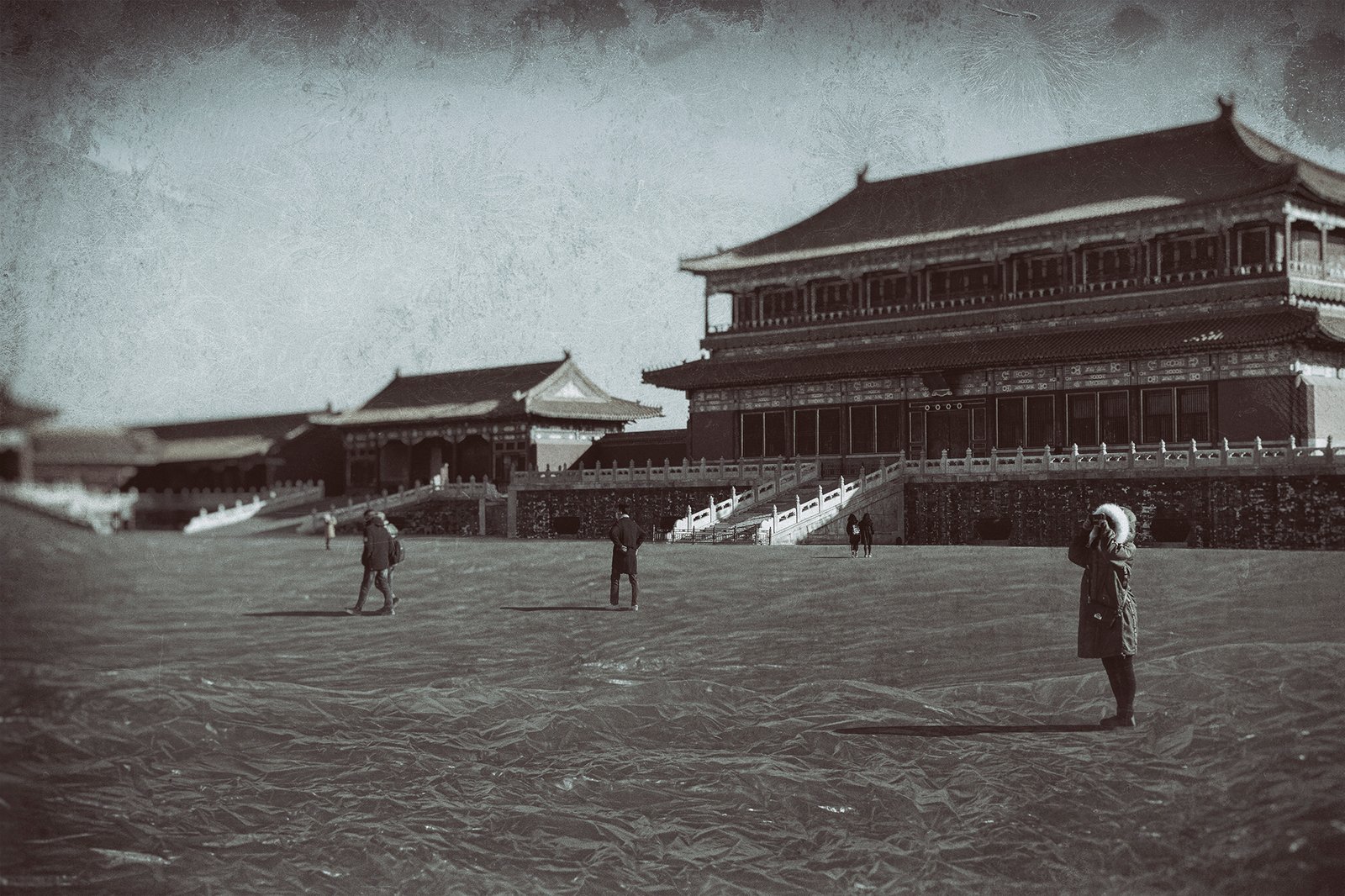 Visitors at a historic temple in Beijing walking across a landscape flooded with plastic sheets, highlighting the crisis of plastic entering oceans.