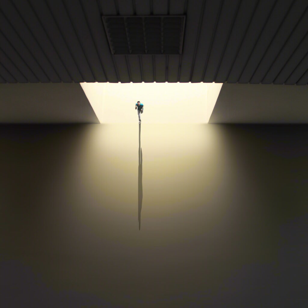Minimalist fine art photography from the 'Comatose' collection, exploring consciousness through solitary silhouettes, stark shadows, and blinding geometric light.